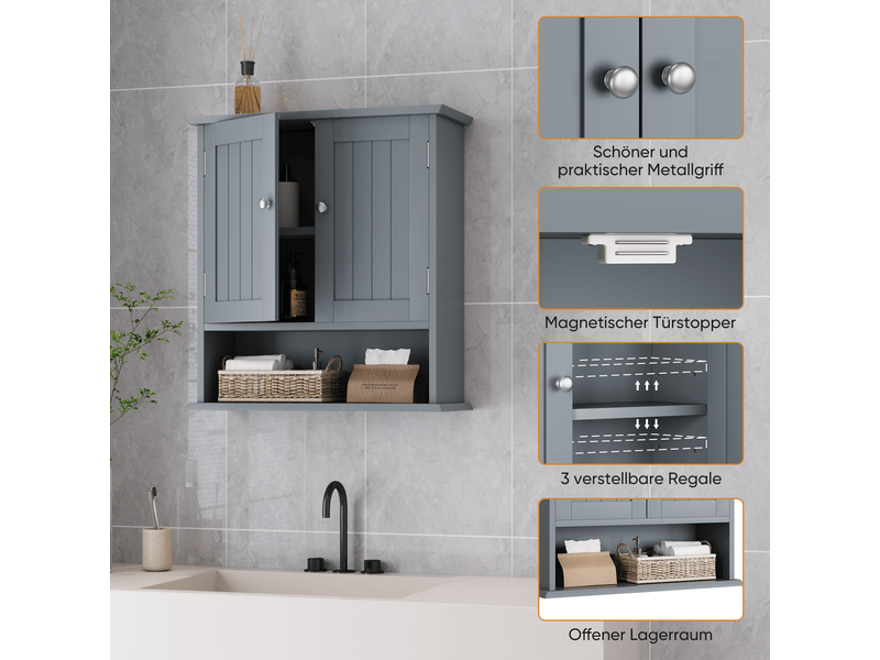  Armoire murale de salle de bain 2 portes niches mdf gris clair 54.6x19.8x60 cm W3180P271287 - Conforama D