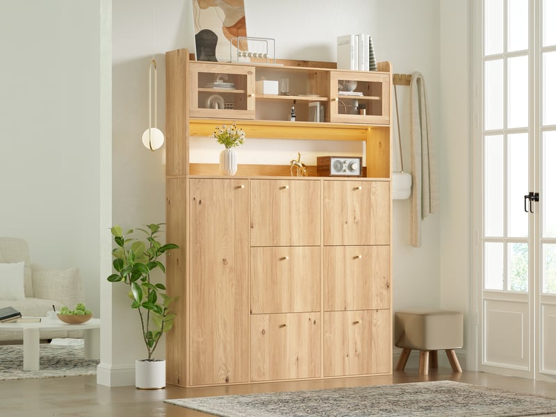 Meuble à chaussures, avec 6 compartiments basculants, 1 porte et éclairage led, pour entrée, 130×25×180 cm, naturel - Conforama D