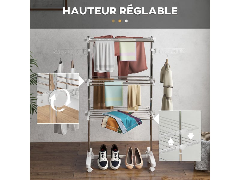  Séchoir à linge pliable 3 niveaux en acier inoxydable blanc 142 x 55 x 152 cm  - Conforama D