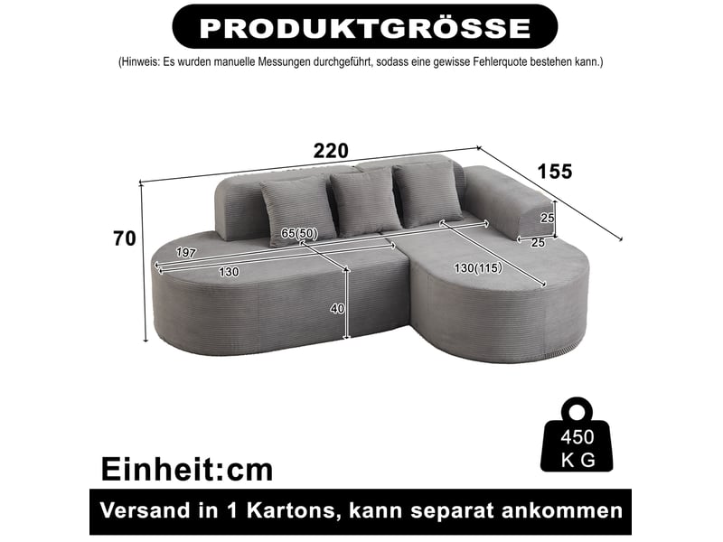  Canapé d'angle modulaire 4 places à méridienne, dossier incurvé et 3 coussins en velours côtelé gris  - Conforama C