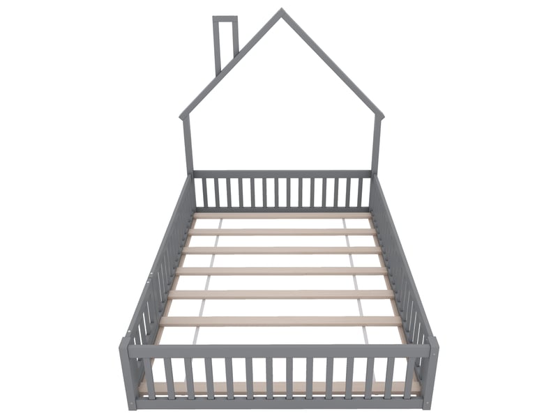  Lit enfant 140x190 cm en pin gris, forme maison, avec sommier, style minimaliste  - Conforama A