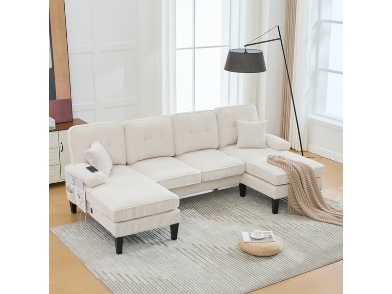  Canapé d’angle en tissu coton et lin beige, 4 places, 250 cm, panoramique, avec rangement W2845S00305 - Conforama B