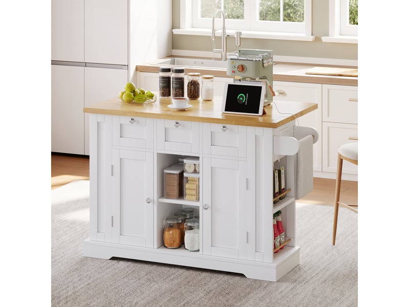  Desserte de cuisine mobile 132 cm, plateau rabattable, prises usb, blanc naturel  - Conforama E