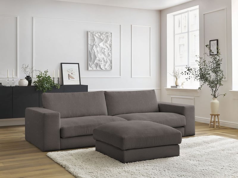  Bobochic canapé droit fixe 3 places leonard velours côtelé avec pouf marron LEONARD - Conforama C