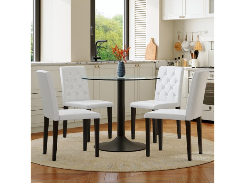  Table en verre 85 cm + 4 chaises pu capitonnées – ensemble salle à manger moderne minimaliste chic  - Conforama B
