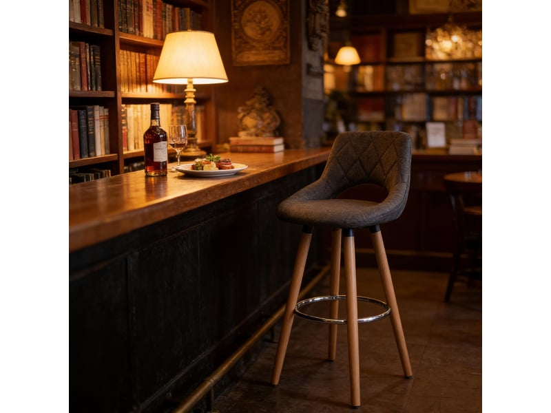  Tabouret de bar en lin avec dossier ergonomique, pieds en bois massif et patins antidérapants, gris foncé  - Conforama C