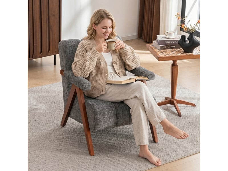  Fauteuil en bouclé avec structure en bois, accoudoirs et dossier rembourré pour salon, gris  - Conforama D