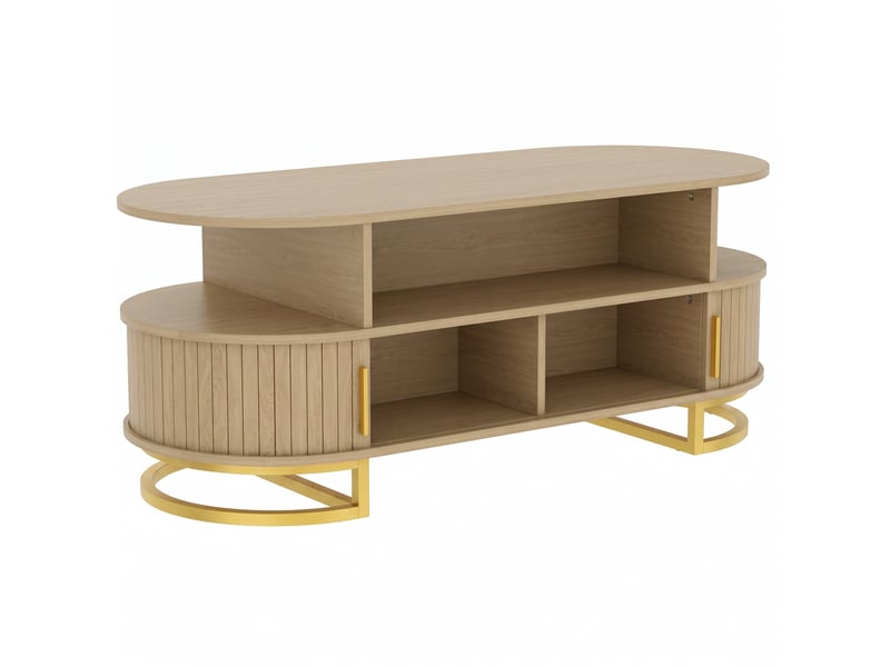  Table basse design ovale effet bois clair métal doré 2 portes coulissantes  - Conforama A