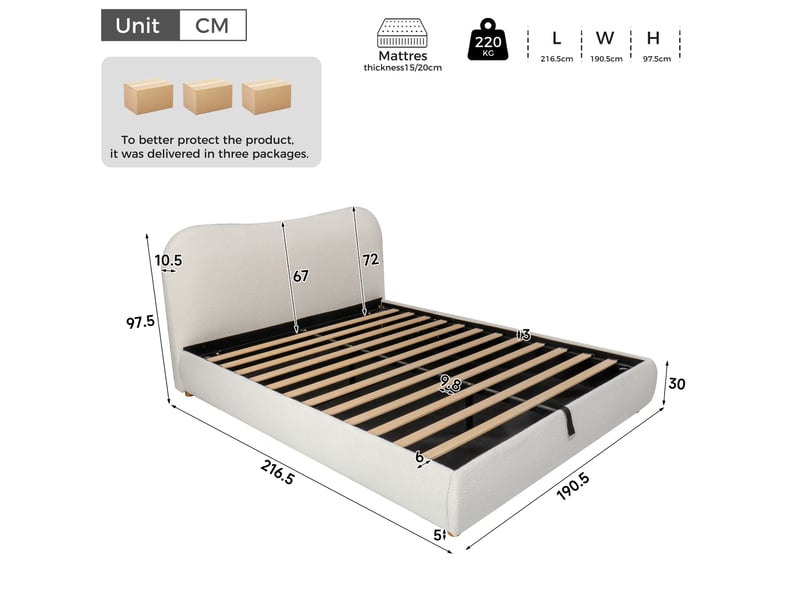 Lit double rembourré 180x200 cm en bouclé avec sommier et rangement hydraulique blanc chicfurn - Conforama D