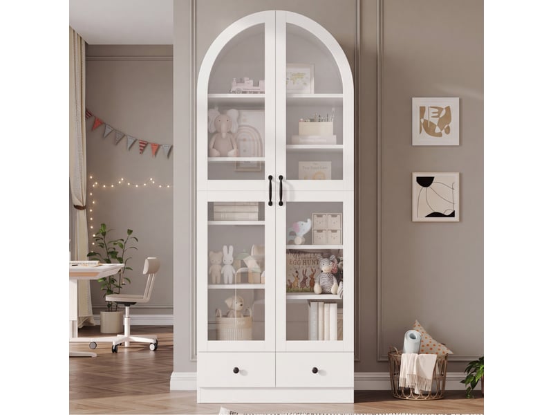  Vitrine bibliothèque haute 76x40x180 cm - sommet arrondi - portes vitrées - 2 tiroirs - mdf et verre - blanc CozyNest - Conforama B