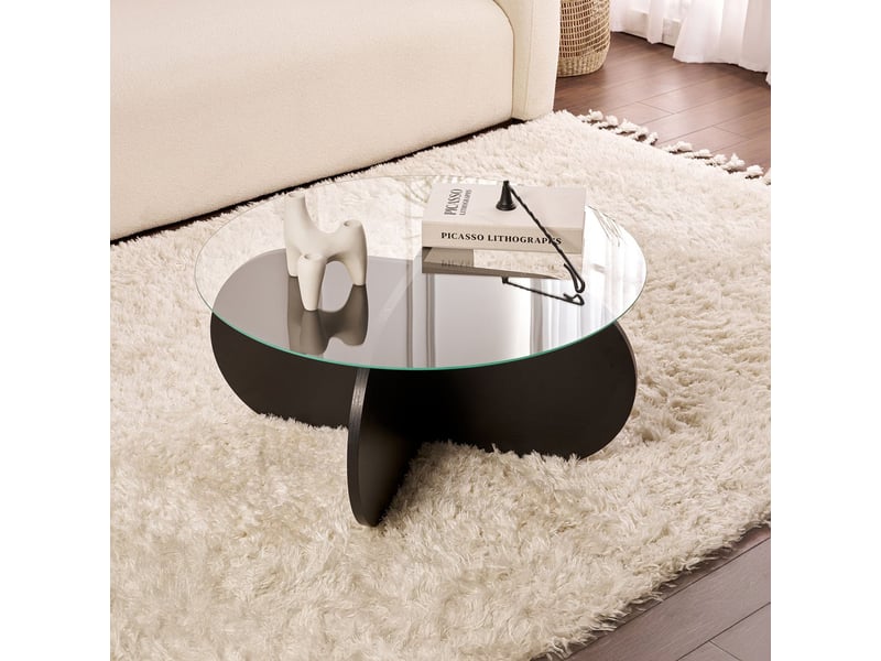  Table basse ronde en verre piètement couleur bois noir d75 cm  - Conforama B