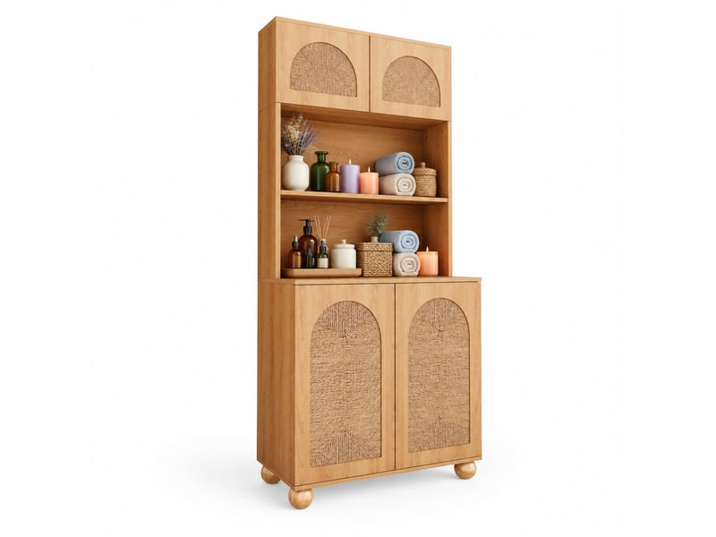 Buffet haut 4 portes avec niche ouverte et étagère réglable pour entrée en mdf 80×40×180 cm naturel  - Conforama A