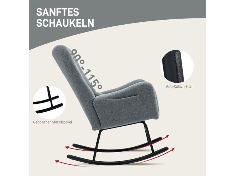  Fauteuil à bascule gris effet teddy avec accoudoirs, coussin lombaire, poche latérale et patins en bois  - Conforama E