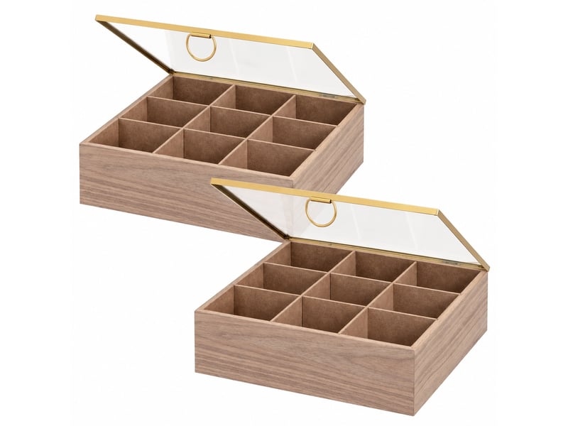 Lot de 2 boîte de rangement vitrée multifonctions à 9 compartiments en mdf effet bois - longueur 24 x profondeur 24 x hauteur 8 cm - Conforama A