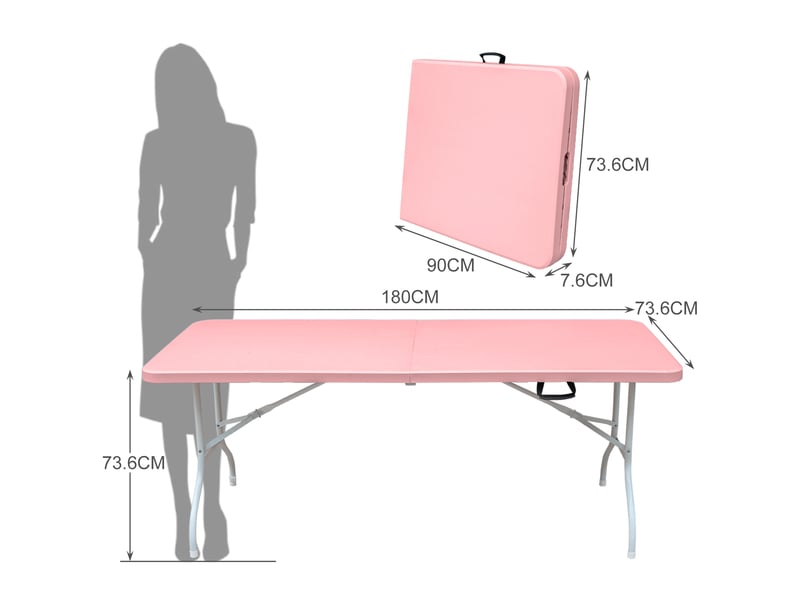  Table pliante portable 180x73,6x73,6 cm – rose – poignée de transport, format compact pour 6 à 8 personnes  - Conforama C