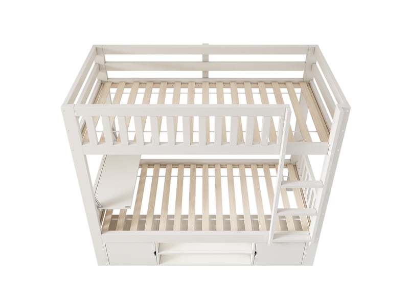 Lit superposé 90 x 200 cm avec plateau de table rabattable, blanc, lit double enfant avec étagère à chaussures intégrée - Conforama B