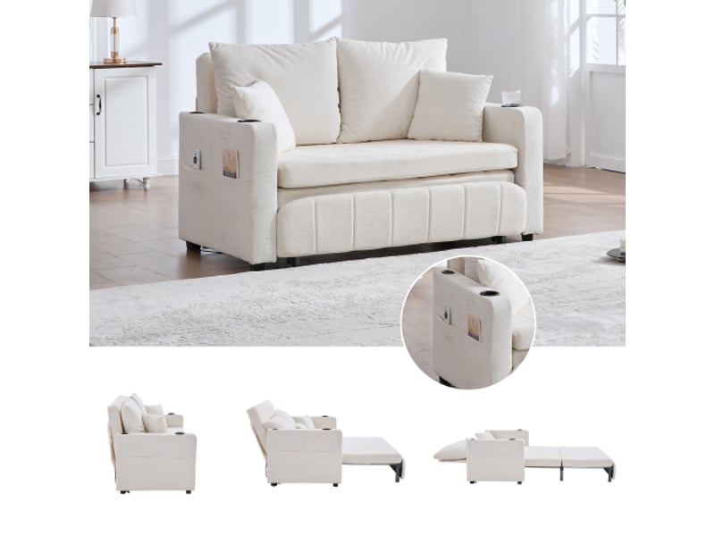  Canapé convertible en tissu beige chenille – lit d'appoint, rangements sur accoudoirs, usb et porte-gobelets  - Conforama D