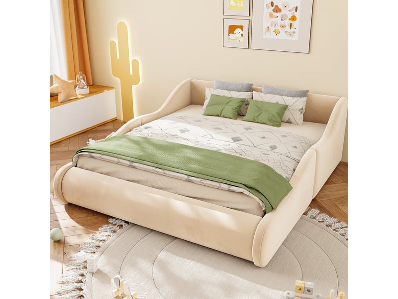  Lit enfant 2 places 140 x 200 cm en velours beige, tête de lit haute et barrières latérales, sans matelas  - Conforama B