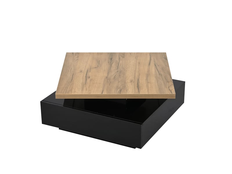 Table basse carrée pivotante à 360°, 2 niveaux, finition brillante, rangement, effet bois naturel et noir, panneaux de particules - Conforama E