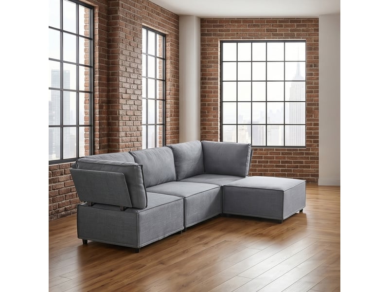 Canapé modulable gris clair 4 places - convertible en lit - tissu lin respirant - design minimaliste - Conforama B