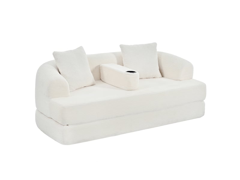  Canape droit pliant 2 places compressé, design 2-en-1, en mousse douce et velours côtelé couleur beige, design moderne  - Conforama A
