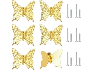 Boutons de style papillon de morobor, 6 unités de couleur dorée, poignées papillon en alliage de zinc pour placards, armoires à vêtements et meubles