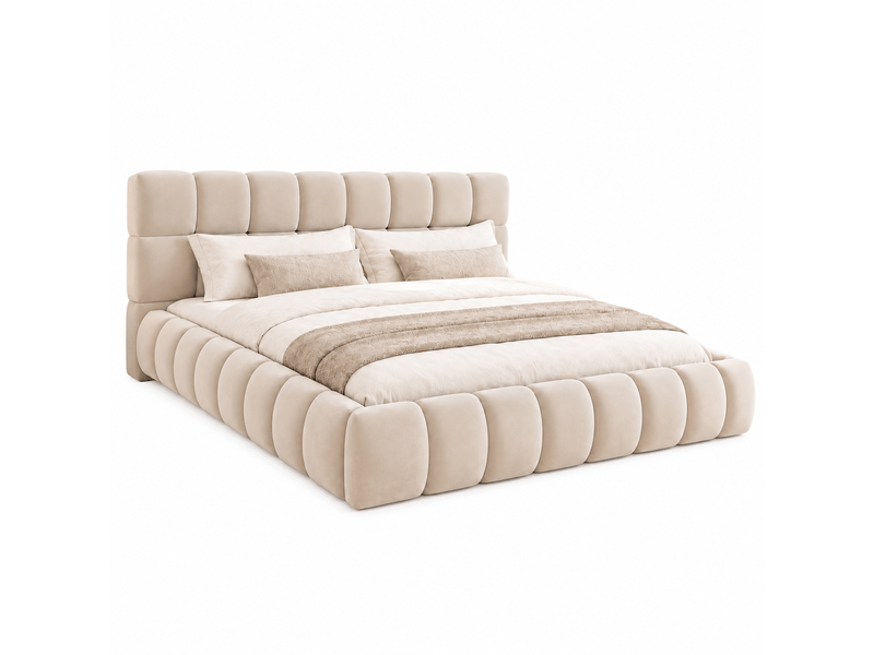  Lit double plateforme 160 × 200 cm en velours beige, tête de lit rembourrée, cadre bas et sommier à lattes Fay Lum - Conforama A