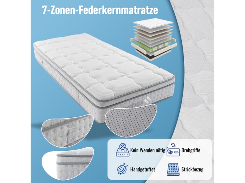 Matelas à ressorts ensachés 7 zones 90x200 cm h3, matelas hybride en mousse froide de 25 cm d'épaisseur, élasticité ponctuelle ergonomique et respirant, certifié oeko-tex, matelas pour une personne - Conforama D