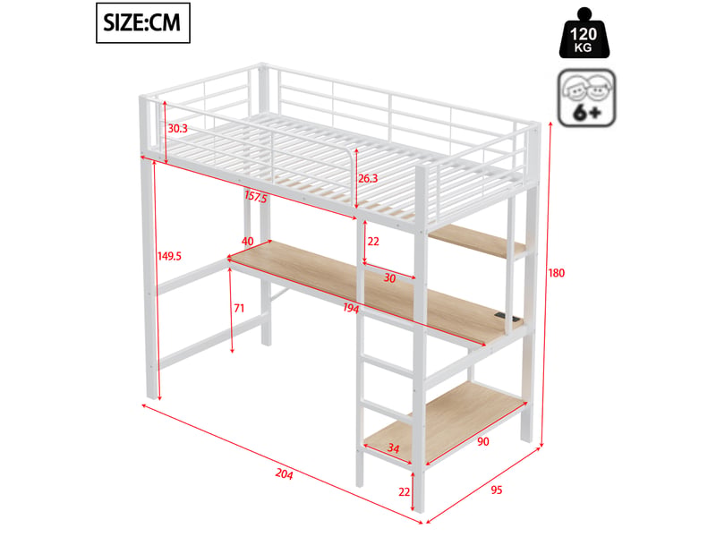 Lit mezzanine blanc 90x200 cm avec bureau, led, usb, prise et étagères  - Conforama C