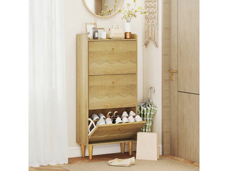  Meuble à chaussures 18 paires, armoire à chaussures étroite, 3 tiroirs rabattables étagères réglables, 60x24x128cm, chêne  - Conforama C