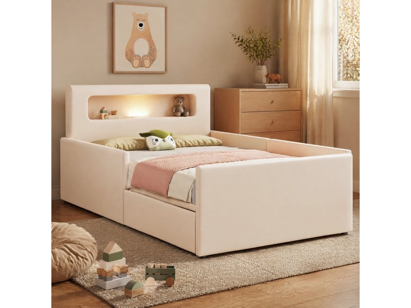  Lit enfant rembourré 90x200 cm avec tiroir, veilleuse led et usb, beige  - Conforama C