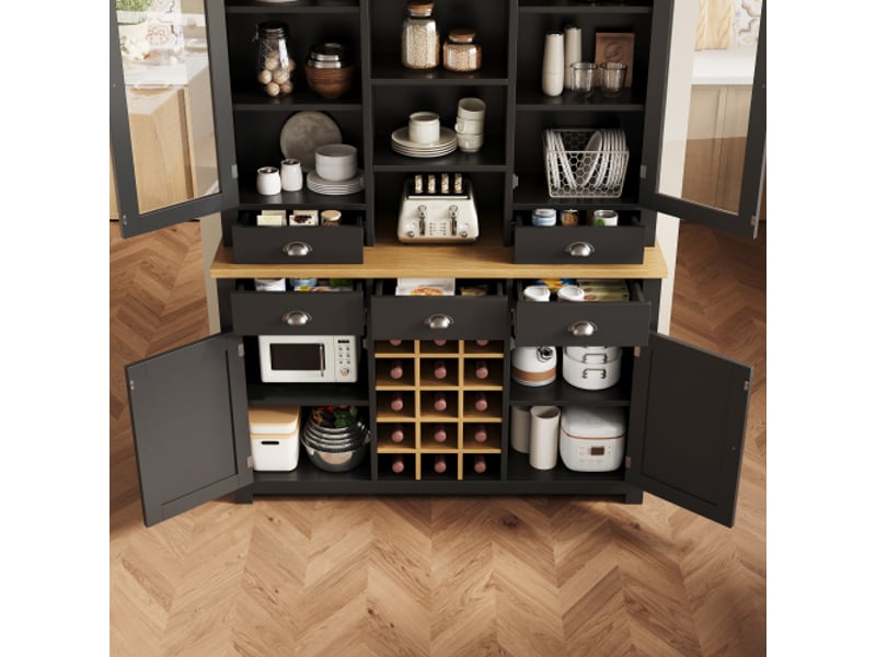  Armoire multi-usages noir, anti-bascule, pour cuisinesalon, porte vitrée, poignées métal, fermeture douce, rangement vin amovible.  - Conforama W