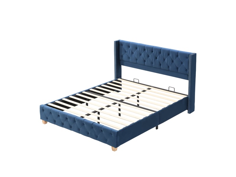 Lit capitonné 160 x 200 cm avec sommier à lattes et tête de lit, capitonnage à boutons et clous décoratifs, pieds en bois, velours, bleu  - Conforama D