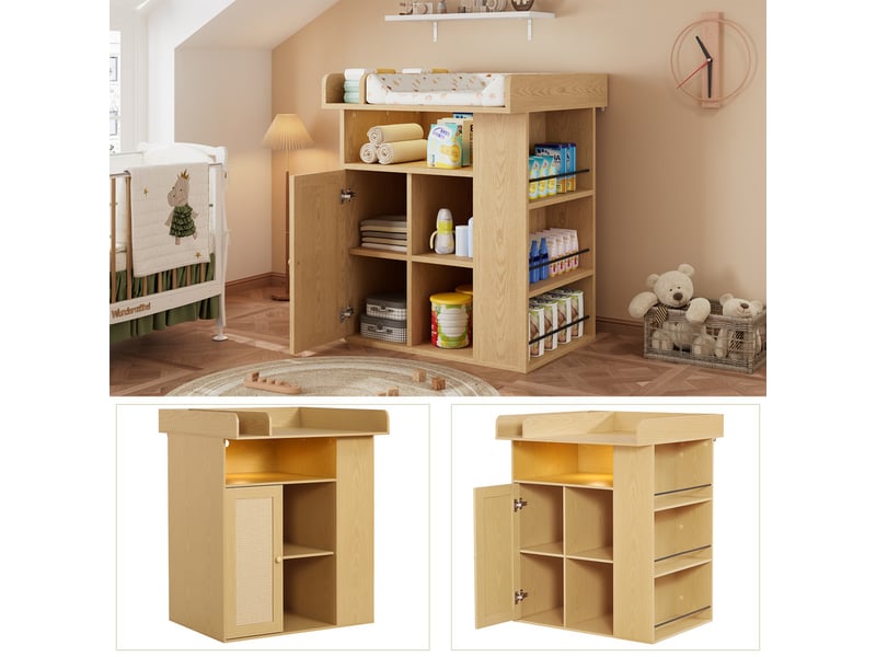  Table à langer - avec 1 porte - avec éclairage led réglable - grand espace de rangement et espace de rangement latéral - naturel  - Conforama E