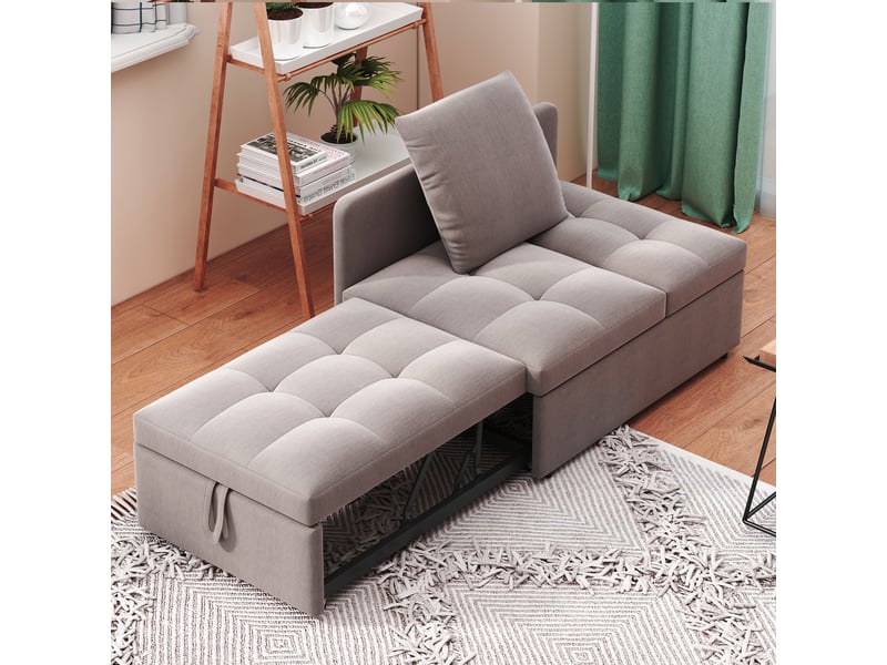  Canapé-lit 3 en 1 en lin gris, dossier réglable 5 positions, convertible en sofa, chaise longue et lit pour petits espaces  - Conforama E