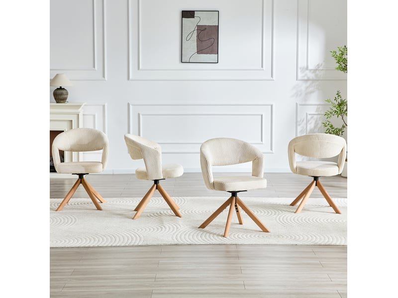  Lot de 2 chaises rotatives 81, 5 cm, pivotement à 360°, dossier arrondi, pour salle à manger, tissu velours côtelé, blanc+bois  - Conforama D