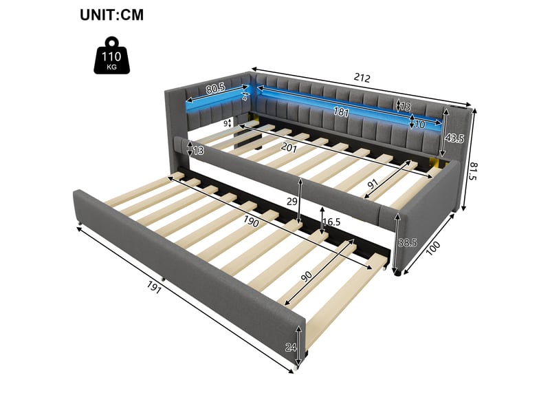  Lit banquette 90x200 cm avec lit gigogne, éclairage led, usb et type-c, mdf, gris, sans matelas  - Conforama C