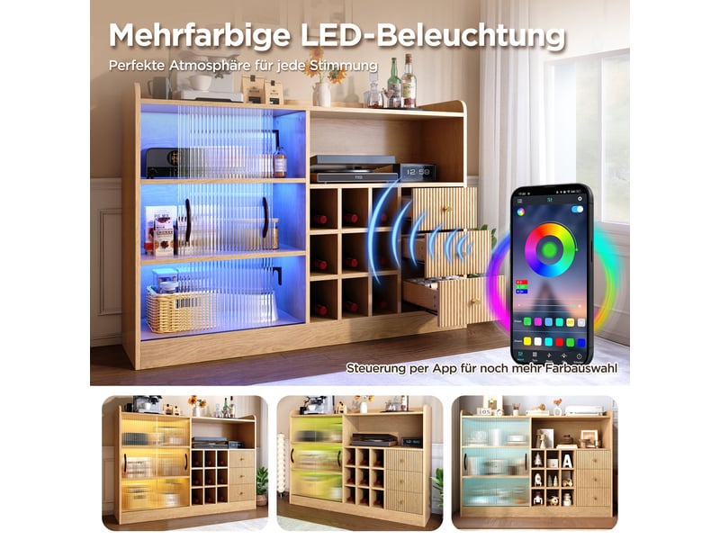  Buffet de rangement avec casier à vin et led - lpospi - portes coulissantes en verre, bois naturel 120 cm  - Conforama E