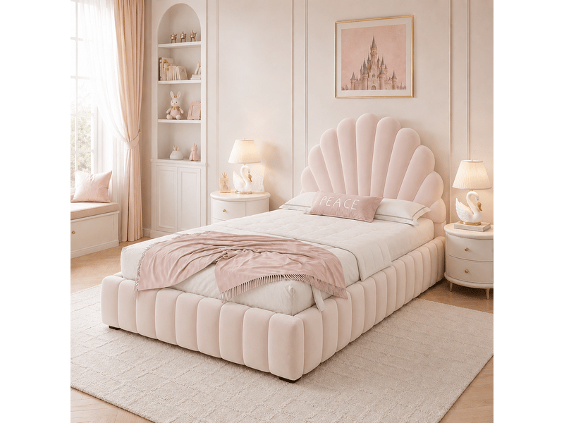 Lit coffre hydraulique 90x200 cm, tête de lit rembourrée en forme de pétale, revêtement en velours rose, avec sommier et grand espace de rangement - Conforama D
