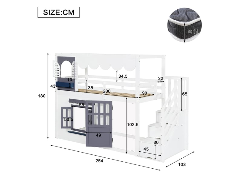  Lit mezzanine enfant modenvie 90 x 200 cm blanc et bleu avec maison, escalier de rangement, porte et fenêtres ouvrantes  - Conforama C