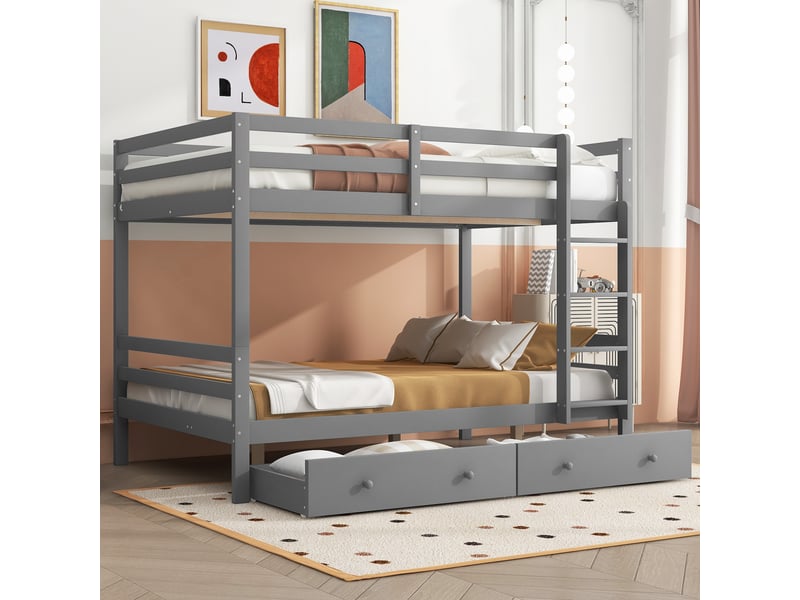  Lit superposés 140×200 cm avec tiroirs et barrières hautes, lit enfant avec espace de rangement et échelle, lit 2 personnes en gris  - Conforama A