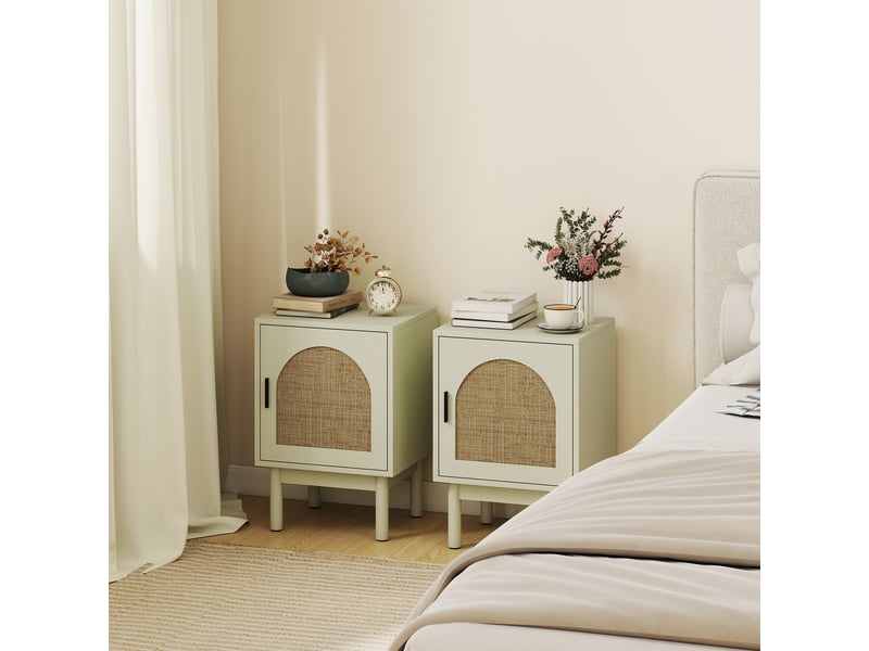  Lot de 2 table de chevet | table de nuit avec porte en résine tressée,étagère réglable 40 x 35 x 58 cm,vert clair  - Conforama C