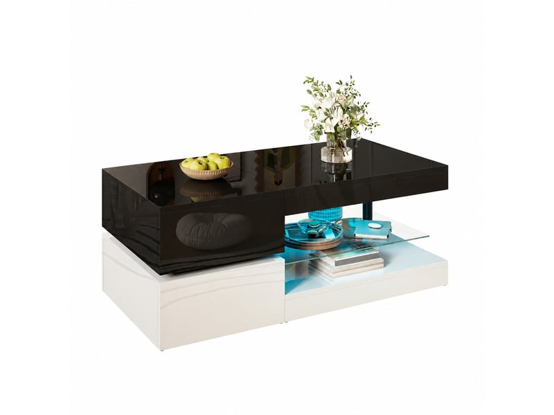  Table basse noire et blanche brillante avec éclairage led, 90 x 45 x 35,5 cm  - Conforama A