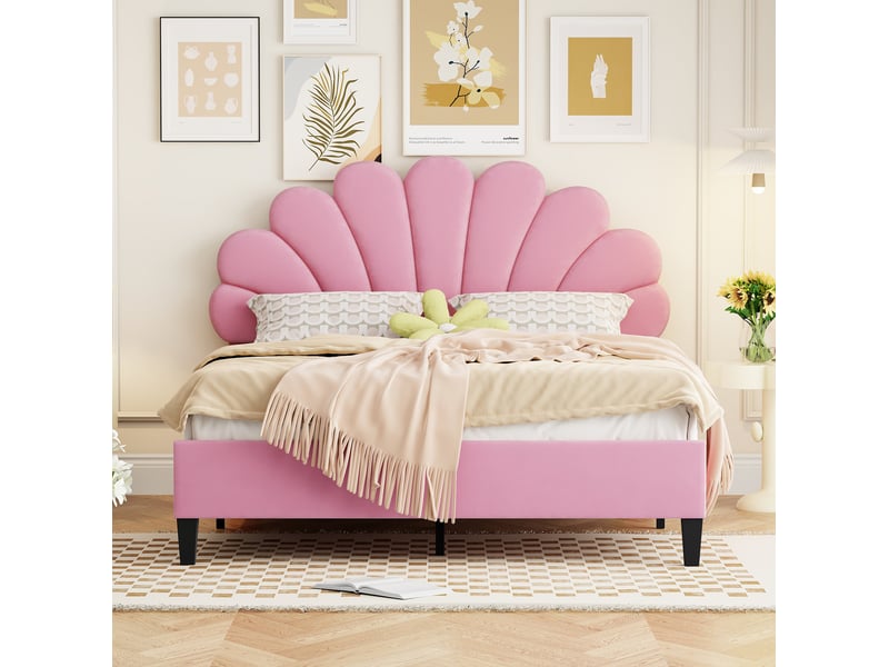 Lit enfant 140x200cm, lit 2 places, sommier, tête de lit en forme de fleur incluse, velours rose, sans matelas - Conforama E