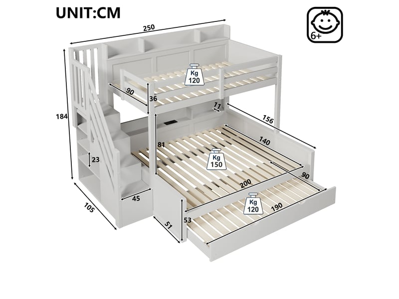 Lit superposé 90 x 200 cm, lit enfant à deux couchages, étagères ouvertes, couchage gigogne, ports usb et usb-c, échelle, bois massif, gris Morn Vibe - Conforama C