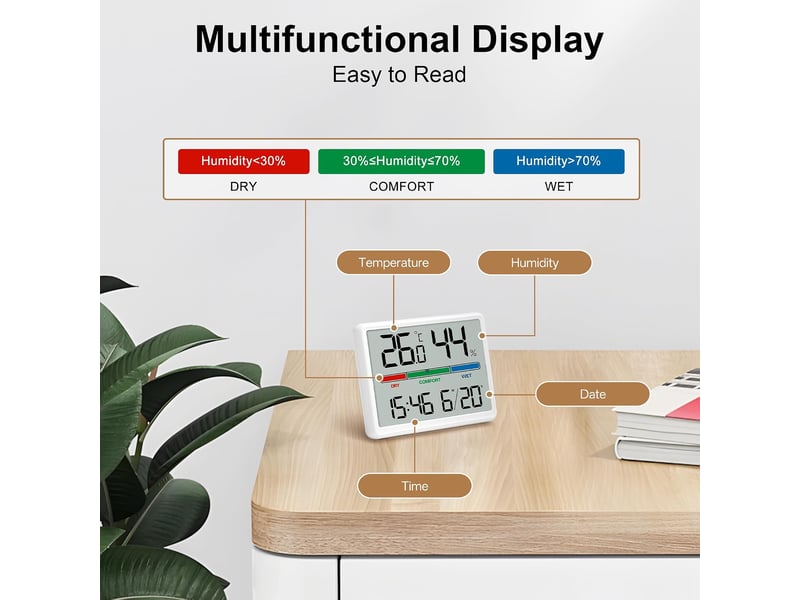  4.5 reveil numerique à piles lcd portable, mini horloge numérique avec température humidité date alarme fonction snooze, réveil digitale  - Conforama E