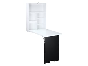 Bureau mural pliable table murale rabattable suspendue sur pied étagère + tableau à craie intégré blanc mdf