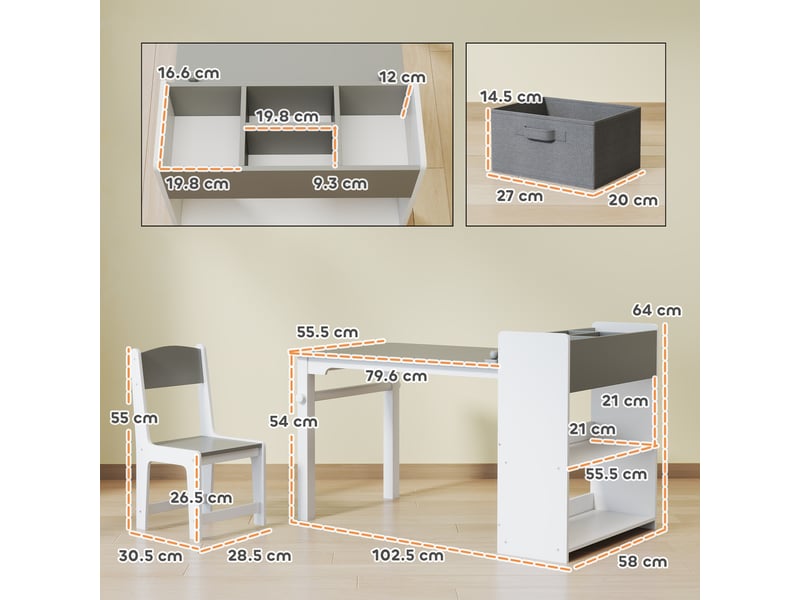  Ensemble table et chaises enfant gris et blanc avec rangement, rouleau papier, 102,5 x 58 x 64 cm  - Conforama E