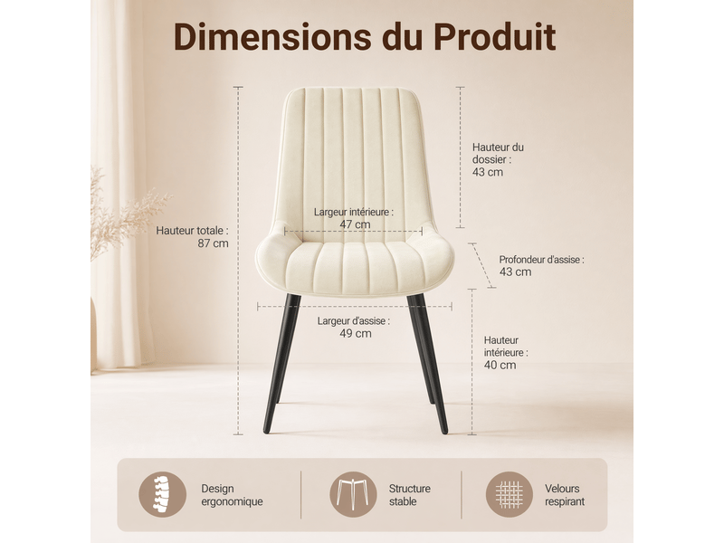 Havenlyhome lot de 4 chaises de salle à manger assise en velours assise rembourrée dossier ergonomique beige chaises - Conforama C