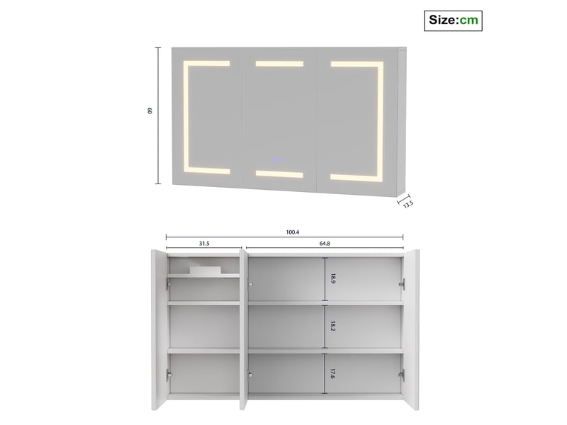  Armoire de toilette miroir avec led, 2 usb,100 x 60 x 13,5 cm ,antibuée,meuble salle de bain rangement,3 portes,fixation murale  - Conforama C